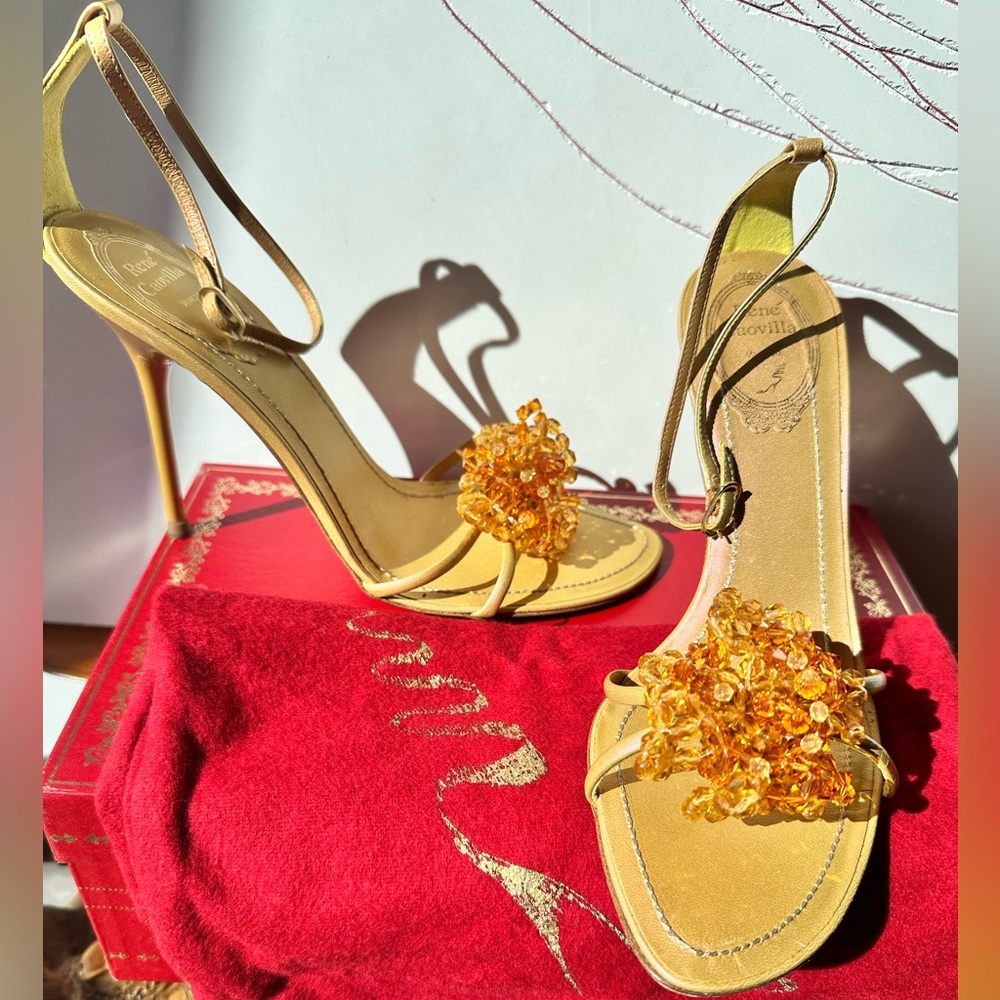 Vintage designer ankle strap gold sandals by René Caovilla